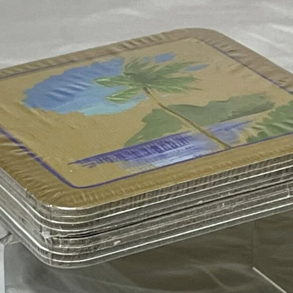 Set of 8 Drink Coasters On The Beach Sur La Plage 4 Designs Palm Tree Birds